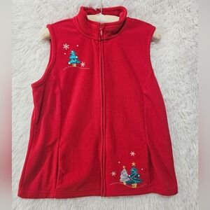 Holiday Editions Womens Red Zip Up Vest with Christmas Tree Embroidery Size M